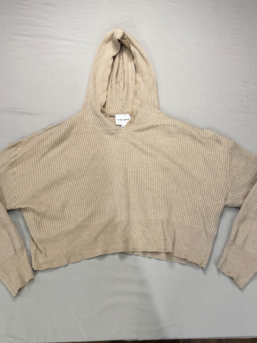 Pink Rose Women’s L Ribbed Knit Hoodie Sweater Beige Taupe Pullover Cropped